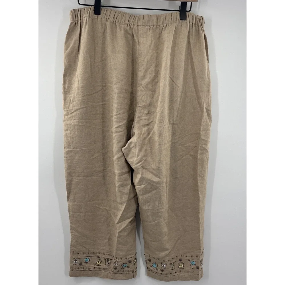 CJ Banks Linen Cotton Wide Leg Pants Womens 14W Beige Neutral‎ Embroidered Boho